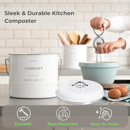D'Lifeful Kitchen Compost Bin – 1.3 Gallon Countertop Farmhouse Compost Container with Lid – Odorless Indoor Food Scrap Pail with 6 Charcoal Filters – Eco-Conscious and Easy to Clean (White)