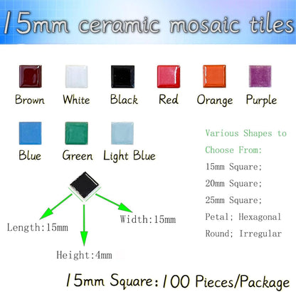 100 Pieces Ceramic Mosaic Tiles 3/5" Square Shapes Mosaic Ceramic Pieces Stained Ceramic Tiles Supplies for Crafts Beginner Mosaic Project Stepping Stones Mosaic Birdhouse Decor - Black