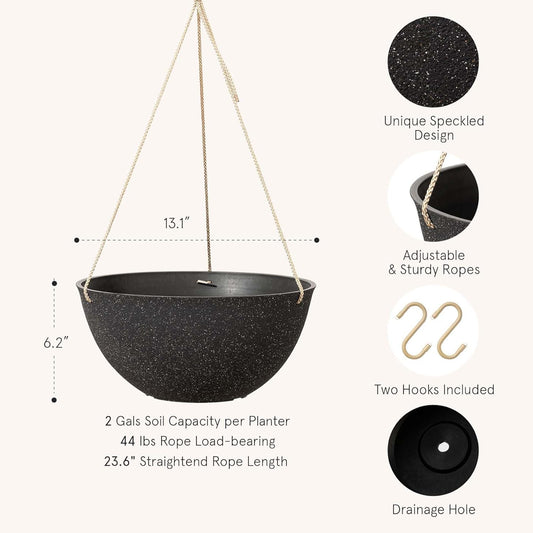 LA JOLIE MUSE Large Hanging Planters for Outdoor Plants - 13 Inch Hanging Basket for Patio Set of 2, Speckled Black