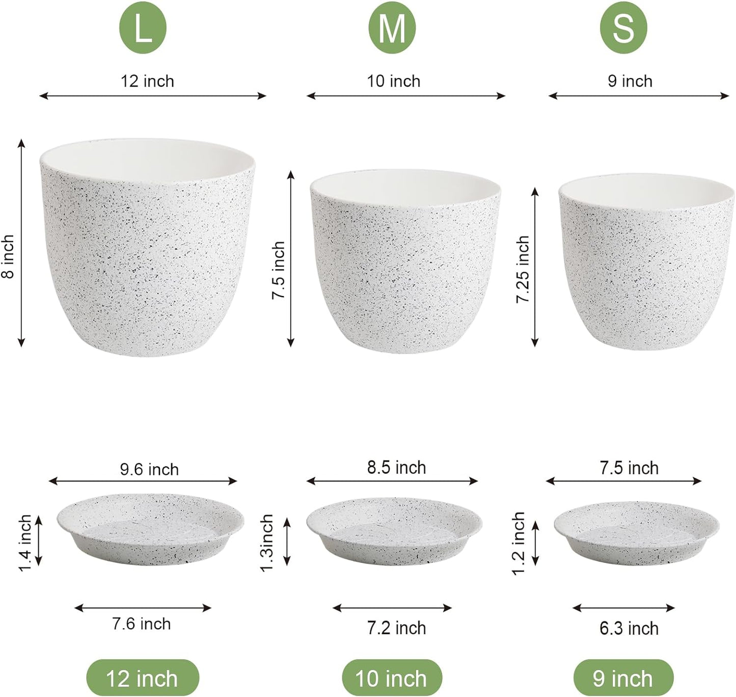 Large Flower Pots 12/10/9 inch, Set of 3 Modern Decorative Plastic Planters with Drainage Holes and Saucers for Garden House Plants, Plant Pots for Indoor Outdoor Plants, Speckled White