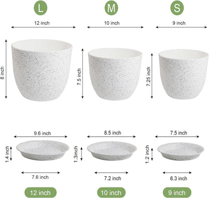 Large Flower Pots 12/10/9 inch, Set of 3 Modern Decorative Plastic Planters with Drainage Holes and Saucers for Garden House Plants, Plant Pots for Indoor Outdoor Plants, Speckled White