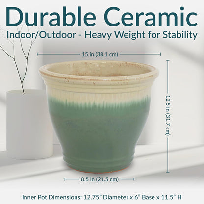 Sunnydaze Studio Large Ceramic Plant Pot - Round Outdoor Glazed Ceramic Planter Pot with Drainage - Seafoam - 14.5"
