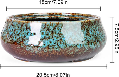 ARTKETTY Succulent Pots - 8 Inch Plant Pot, Large Bonsai Pots with Drainage, Ceramic Planters for Indoor Outdoor Plants, Round Shallow Cactus Flower Plant Container Bowl Decorative Home Garden
