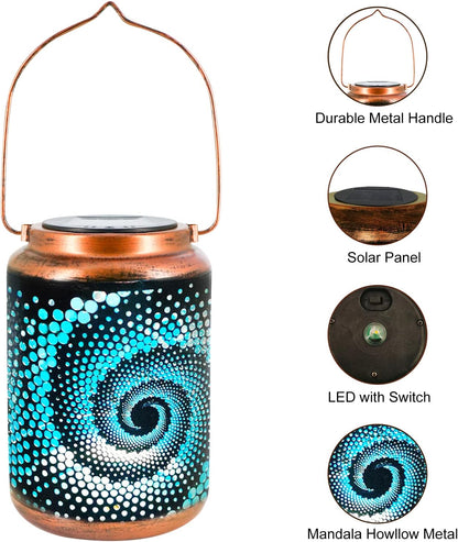 DIBIEECN 4 Pack Solar Lanterns Outdoor Hanging Lantern Metal Waterproof LED Lantern with Solar Powered Garden Patio Decorations Decor Lantern with Handle Christmas Gift Idea, Blue