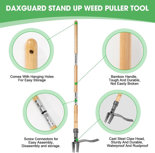 Weed Puller-The Original Stand Up Weed Puller Tool,Adjustable 44-31.5" Bamboo Handle with Heavy Duty 4-Claw Cast Steel Head - Foot Step Design, No Bending Required - Garden & Yard Weeder
