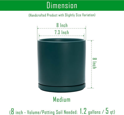 D'vine Dev 8 Inch Ceramic Planter Pot with Drainage Hole and Saucer, Indoor Cylinder Round Planter Pot, Teal, 94-O-D-9
