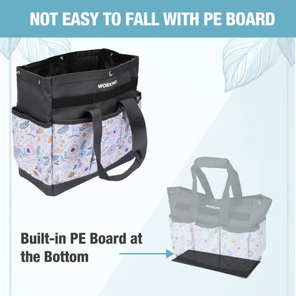 WORKPRO Garden Tool Bag, 9 Pockets Gardening Bag, Heavy Duty Oxford Garden Tote Caddy (Tools NOT Included), 12" x 12" x 6" (Floral White)