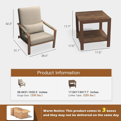 Aluminum 3-Piece Sofa Set with Coffee Table, Waterproof Fabric Cushions, Easy Assembly, High-Density Foam, Comfortable Outdoor Patio Furniture Set with Cushions (Beige)