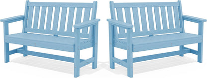 SERWALL Outdoor Bench, HDPE Outdoor Benches Weatherproof, 2-Person Garden Bench with 660 lbs Weight Capacity, Patio Benches for Outdoors, Garden, Porch, Backyard and Park, Light Blue, 2 Pack