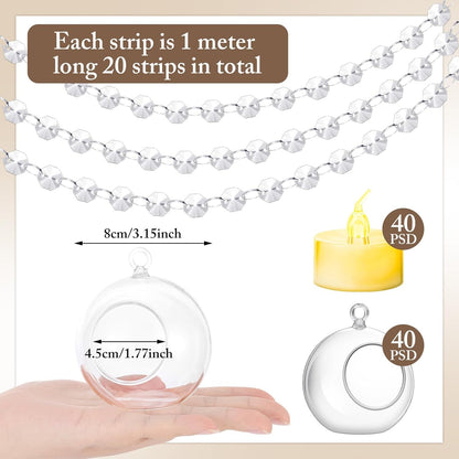 Booson 100 Pcs Hanging Candle Holder Glass Globes Orbs with Crystal Acrylic Gems Bead Garland Tea Lights Candles Holder for Wedding Party Tree Decor