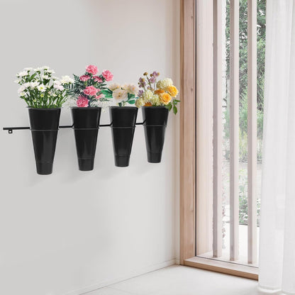 Wall Mounted Plant Holder with 4 Buckets,Metal Flower Pot Wall Hanging Shelf Black Indoor Outdoor Decorative Floating Shelves Planter Hanger Racks for Wall Bedroom Living Room Porch