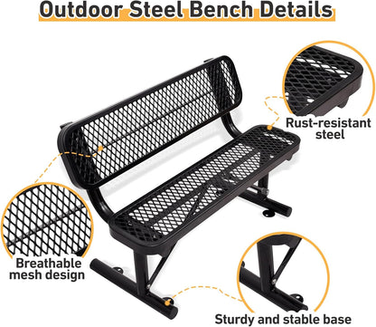 4 Feet Heavy Duty Park Bench with Back Portable Frame, Outdoor Steel Bench with Backrest, Expanded Metal Mesh Bench for Lawn, Park, Deck, Garden, Patio, Porch, Black