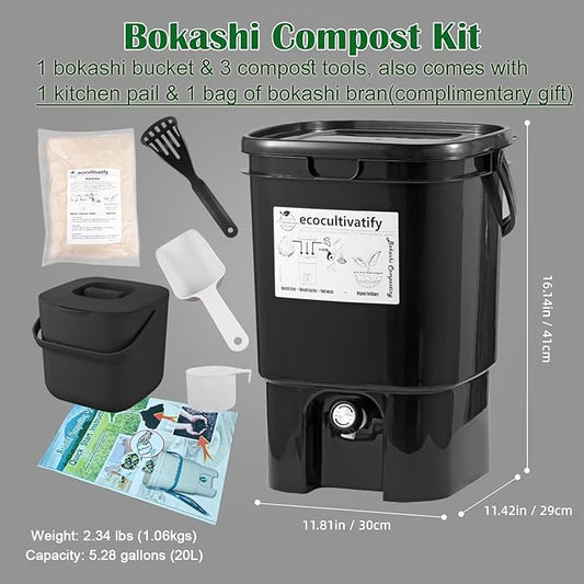 20L Bokashi Bucket with Air Sealing Lid, 5.28 Gallon Compost Bin, Kitchen Composter with Bran, Kitchen Compost Pail, ecocultivatify Bokashi Kit Set with Starter(Black)