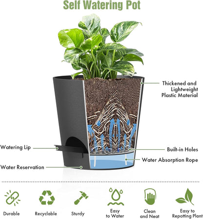 4 inch Self Watering Pots for Indoor Outdoor Plants, 6 Pack Plastic Flower Planters with Drainage Holes and Removable Saucers, Plant Pots with Wicking Rope, Modern Decor, Black