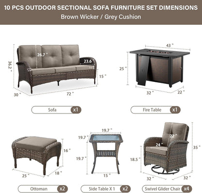 Expansive 10 Pieces Outdoor Patio Furniture Set with 43” Propane Fire Pit Table, Patio Conversation Set with Swivel Rocker Outdoor Chairs Set of 4 and Sofa, Ottoman and Wicker Side Table Brown