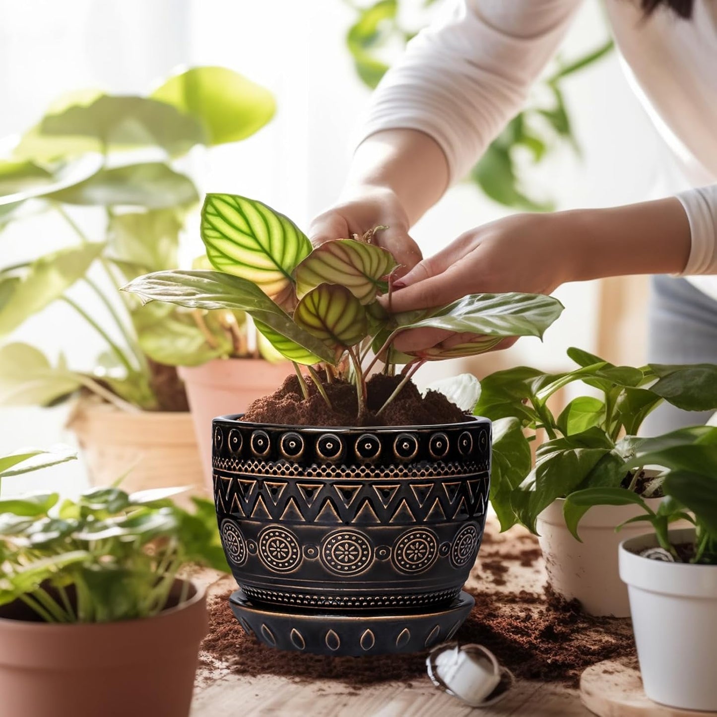 G EPGardening 5.5 Inch Ceramic Planter - Ceramic Plant Pot for Indoor Outdoor Plants, Boho Round Flower Pot with Drainage Hole and Saucer, Gifts for Plant Lovers, Office Garden Home Decor, Black
