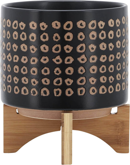Ceramic Planter with Wooden Stand – Modern Home Decor Stoneware Plant Pot with Elevated Base – Decorative Indoor & Outdoor Planter with Legs for Living Room, Bedroom, Patio, or Garden – 9", Brown