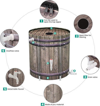 Rain Barrel,50 Gallon Collapsible Rainwater Collection with Spigots and Overflow Kit,Portable Plastic Rain Barrel with Filter, Anti-Collapse Rainwater Collection Container Woodgrain