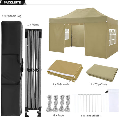 COBIZI 10x15 Pop up Canopy Heavy Duty with 4 Sidewalls, Easy Set-up Commercial Outdoor Party Canopy, 100% Waterproof Wedding Gazebo, 3 Height Adjustable with Handbag, Khaki