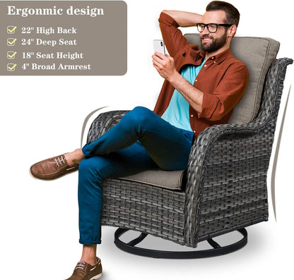 Wicker Patio Furniture Sets - 8 Piece Outdoor Rattan Furniture Conversation Sets with 4 Swivel Rocker Chairs, Rattan Sofa, Wicker Ottomans and Coffee Table, Mixed Grey/Grey