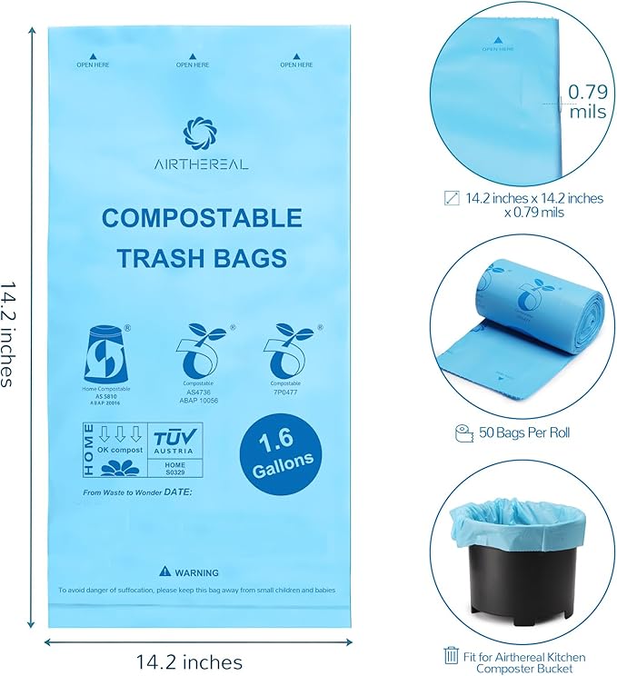 Airthereal Bundle | Revive Electric Kitchen Composter (White) and 1 Spare Bucket with Lid + 3-Pack Compostable Trash Bags,Turn Food Waste and Scraps into Dry Compost Fertilizer