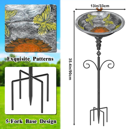 35.4" Tall Bird Bath for Outside, Vintage Metal Birdbaths Bowl with 5 Prong Bases for Outdoors, Freestanding Birdfeeder with Hummingbird Carving for Garden Yard Lawn Decor (Vintage Silver)
