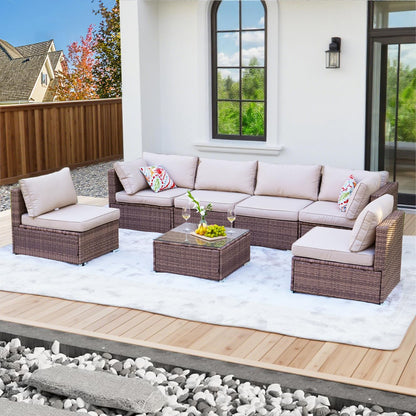 7 Pieces Patio Furniture Set - All-Weather Outdoor Wicker Sectional Conversation Sofa, Rattan Patio Seating Sofa Set with Cushion and Glass Table for Porch Poolside, Brown/Beige