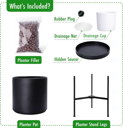 D'vine Dev Modern Black Plants Pot Cylinder Planter with Heavy Duty Stand, Small 8 Inch Pot, 12.6 Inch with Stand Height, 96-T-B-1