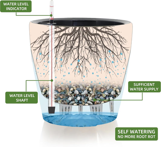 Dexceder 11x10 Inches Self Watering Planter Indoor Outdoor, Inner Pot Design, Thickened Table Flower Plant Pot with Water Level Indicator (Grayish Green Gradient)