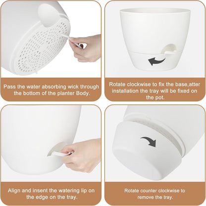 Plant Pots 10/9/8/7.5/7 Inch Self Watering Pots, Set of 5 Plastic Planters with Drainage Holes and Saucers,Plastic Flower Pots,Nursery Planting Pot for Indoor Out Door Plants(Pure White)