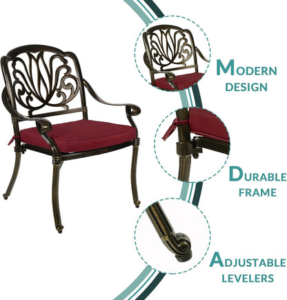MEETWARM 3 Piece Patio Bistro Set, Outdoor All-Weather Cast Aluminum Dining Furniture Set Includes 2 Cushioned Chairs and a 31” Round Table with Umbrella Hole for Garden Deck, Chili Red