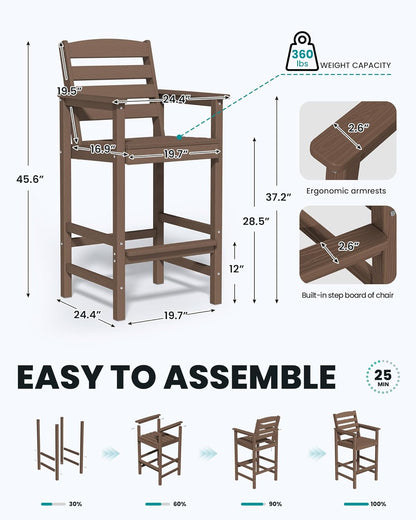 SERWALL 5 Pieces Outdoor Patio Bar Set, Oversize Tall Adirondack Bar Chair and Table Set, Brown