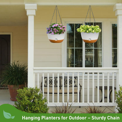 10 Inch Hanging Planters for Indoor & Outdoor Use (2 Pack) - Self-Watering & Drainage Flower Pots with Chain & Macrame Hangers (White, 10 in)