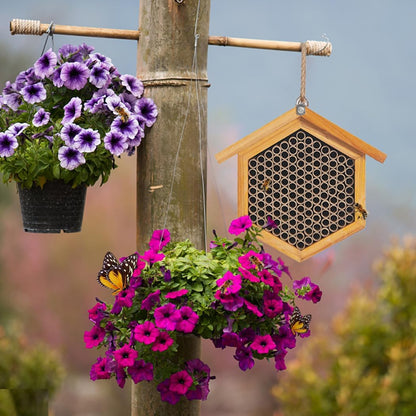 Mason Bee House Wax Coated Bee Hotel, Pollinator House Waterproof, Natural Handmade Wooden Mason Bee Hotel for Pollinating Bees Garden Supplies