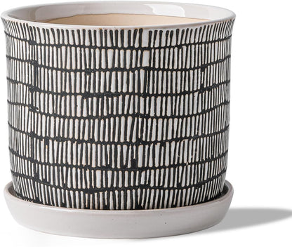 8 Inch Plant Pot: Ceramic Planter with Drainage Hole & Saucer for Indoor Outdoor Plants - Flowerpot with Bonded Tray for Home Office - Mixed Stripe Debossed