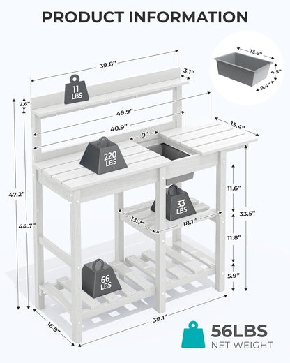 SERWALL Potting Table for Outside All Weather Use- White