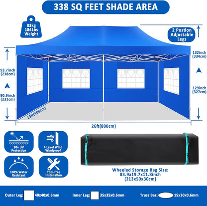 COBIZI 13x26 Pop Up Canopy with 6 Sidewall,Heavy Duty Canopy UPF 50+ All Season Wind Waterproof Commercial Outdoor Wedding Party Tents for Parties Canopy Gazebo with Roller Bag(13 x 26 ft Blue)