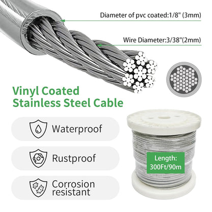 1/8" Wire Cable Rope Kit ，Vinyl Coated 304 Stainless Steel Wire – 300FT 7x7 Strand Cable with Turnbuckles，Shade Sail & Hanging Lights Hardware Kit for Outdoor, Garden,Patio, Crafts, Hanging Lights