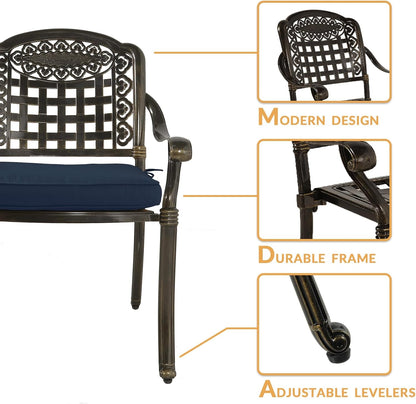 3-Piece Outdoor Patio Dining Set, All-Weather Cast Aluminum Patio Furniture Set for Backyard Garden Deck with 2 Cushioned Chairs and 35.4” Round Table, 2" Umbrella Hole, Navy Blue