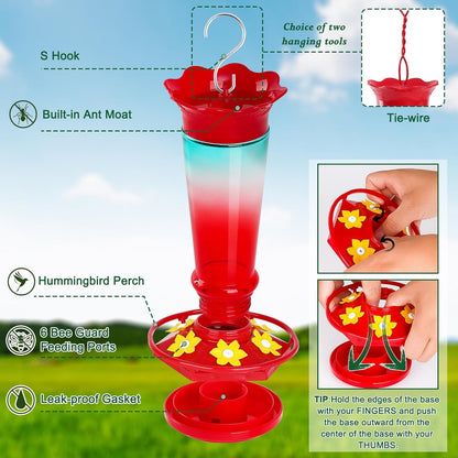 Glass Hummingbird Feeders for Outdoors Hanging Ant and Bee Proof Red & Blue 10OZ 2Pack Bird Feeders for Outside Hanging 6 Feeding Stations Bird Nectar Feeder for Garden Yard Décor Gift for Mom