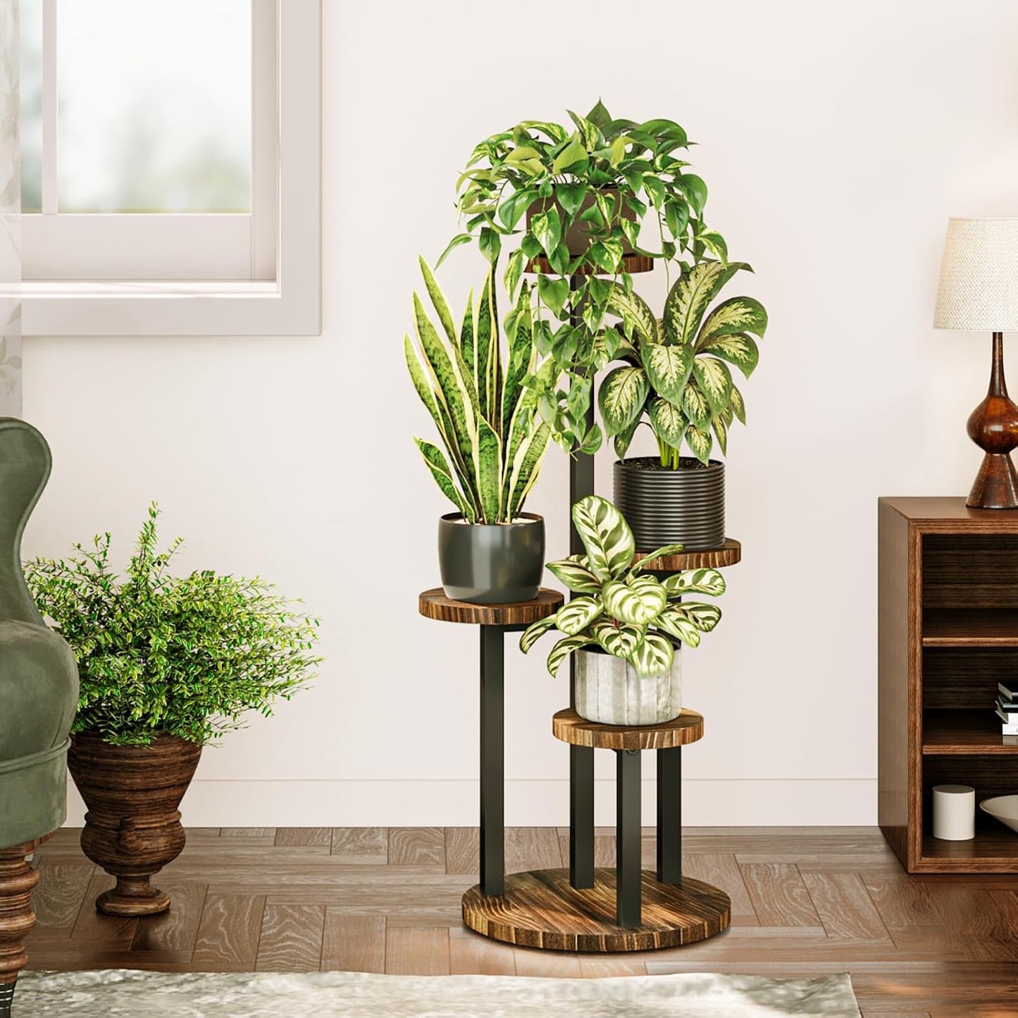 Bamworld 4 Tier Plant Stand Indoor, Tall Metal Wood Plant Shelf Outdoor,Small Flower Pot Holder Table Rack Garden Accessories for Corner Living Room Balcony Patio