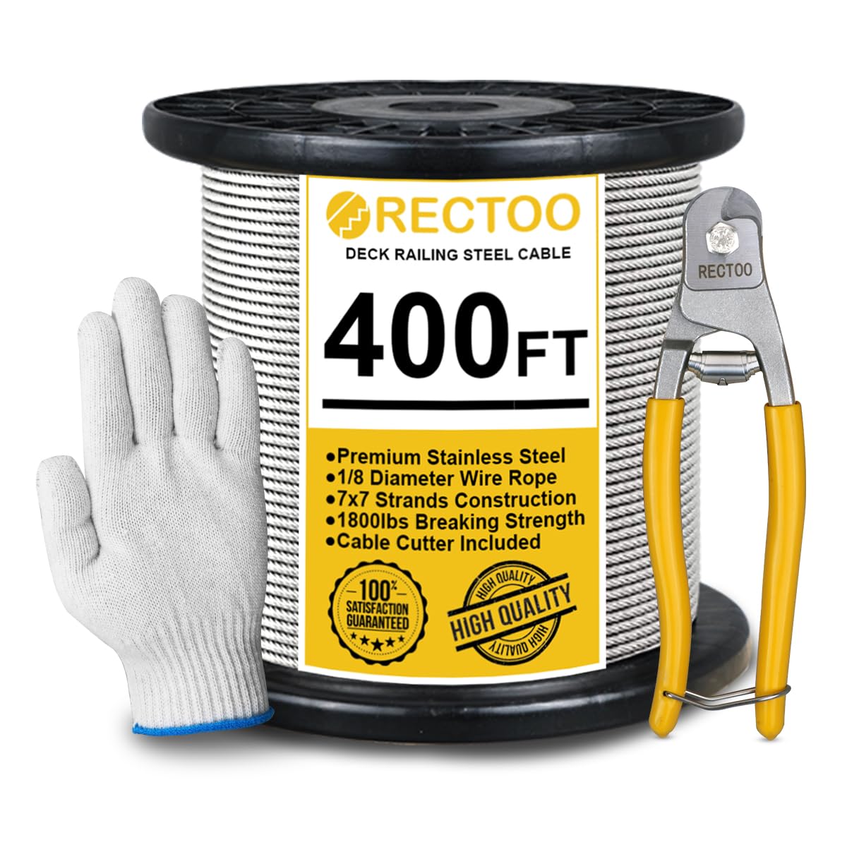 400FT 1/8" T316 Stainless Steel Cable with Cutter, 7x7 Strands Aircraft Wire Rope for Deck Railing, Stair Handrail, Porch Fence, High Strength for Indoor and Outdoor Use