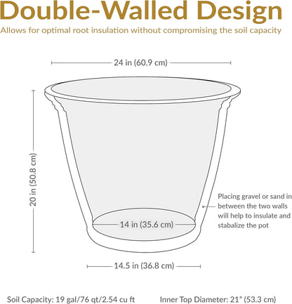 Sunnydaze 24-Inch Anjelica Large Plastic Pot for Plants - Outdoor Polyresin Round Planter with Drillable Drainage Holes - Slate - 4pk