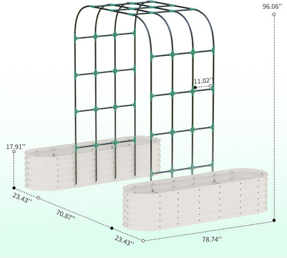 Galvanized Raised Garden Bed with 96" Tall Vertical Arch Trellis – Expandable Rust-Resistant Planter Box for Outdoor Plants, Flowers, Herbs & Vines – Includes Plant Clips, Drainage Netting,Beige