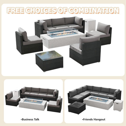 8 Piece Patio Furniture Set - Outdoor Conversation Sets with 56" Fire Table and Coffee Table, Rattan Modular Sofa Set for Garden/Poolside, Grey/Black