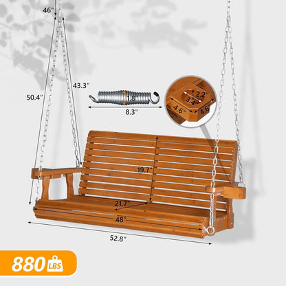 VINGLI XL Size Patio Wooden Porch Swing Outdoor with Cup Holders, Heavy Duty 880 LBS Hanging Swing Chair Bench with Hanging Chains for Yard, Lawn, Garden (4 FT Pro, Brown)