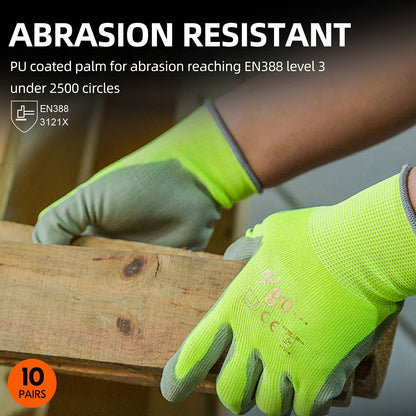 Vgo... 10-Pairs Safety Work Gloves, Gardening Gloves, Polyurethane Coated, Dipping Gloves, Latex Free (Size L, Yellow, PU2103)