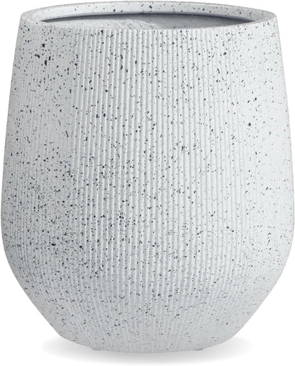 12.5" H x 11.5" D Ribbed Corso Fiberstone Round Planter with Drainage Hole, Weather Resistant, Indoor and Outdoor Use, Included 2 Extra Coco Mats (Ribbed Speckled White, 9" Pot Opening)