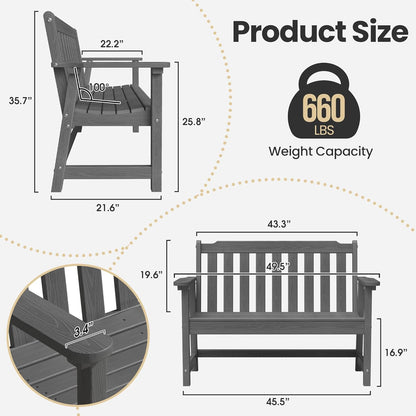Ciokea 46" Heavy Duty Outdoor Bench, HDPE Weatherproof Garden Benches, Durable 2-Person Porch Benches with 660 Lbs, Waterproof Patio Bench for Outside Balcony Deck Backyard, Dark Grey