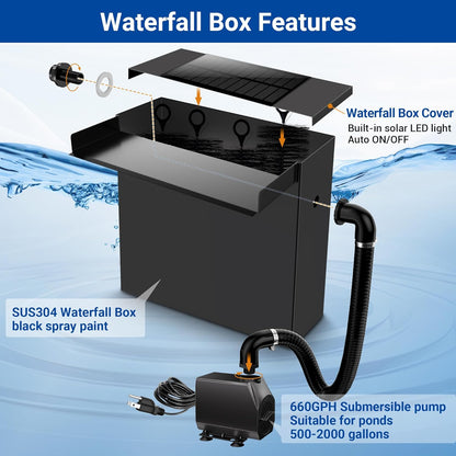 NFESOLAR Pond Waterfall Spillway with Pump Kit, Large 11.8" W 13.4" H Capacity Stainless Pond Waterfall Box with Filtration, LED Lights for Garden Outdoor Pond up to 2000 Gallons N4313